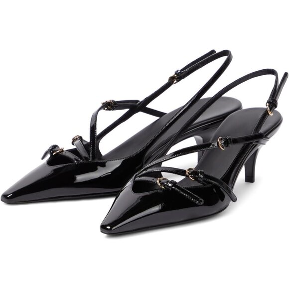 🆕Sling back Kitten Heel Women Black Synthetic Pointed Toe Stiletto Buckle Strap - Picture 1 of 7
